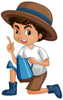 Sulama kutusu olan mutlu bir çocuk.