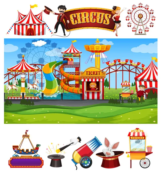 Circus scene met vele attracties en teken sjabloon — Stockvector