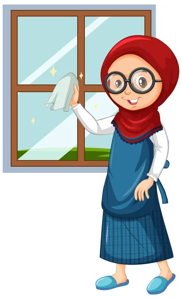 Μουσουλμάνα κορίτσι καθαρισμού παράθυρο σε λευκό φόντο — Διανυσματικό Αρχείο