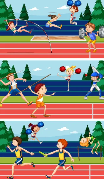 Escenas de fondo con atletas haciendo atletismo — Vector de stock