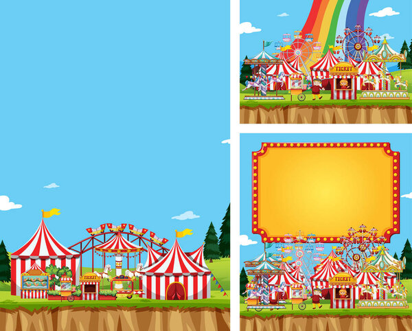 Three scene of circus with many rides