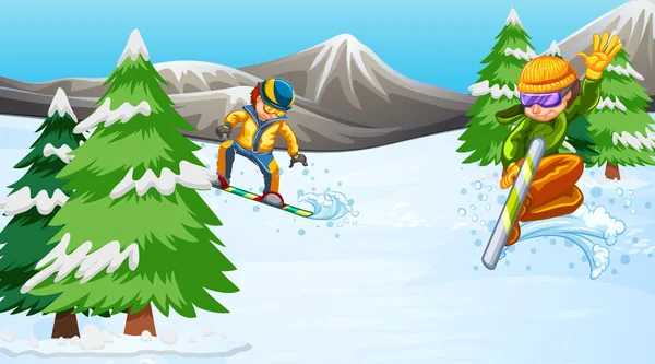Escena de fondo con deportistas haciendo snowboard en la montaña — Vector de stock