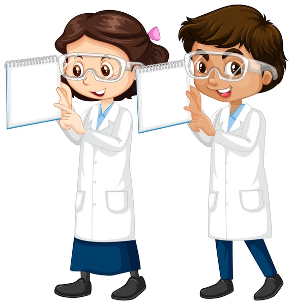 Niño y niña en vestido de ciencia sosteniendo notas — Vector de stock