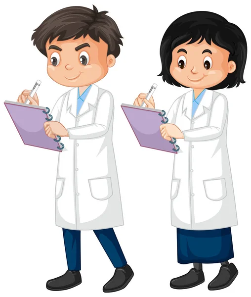 Boy and girl in lab gown writing note on white background — 스톡 벡터