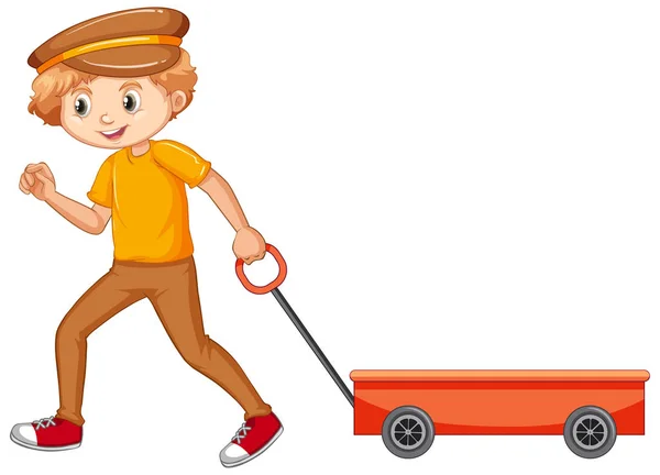 Chłopiec w żółtej koszuli ciągnący wóz — Wektor stockowy