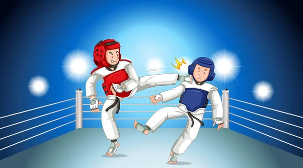 Jelenet az emberek játszanak taekwondo a ringben — Stock Vector