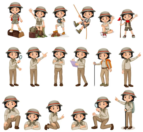 Flicka i scout uniform gör olika aktiviteter — Stock vektor