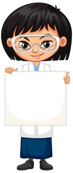 Girl in science gown holding board on white background — 스톡 벡터