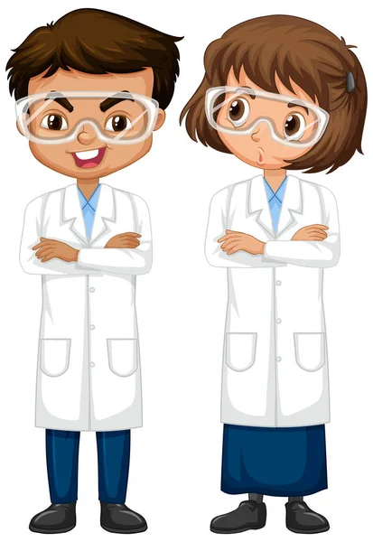 Boy and girl in science gown standing on white background — Stock Vector