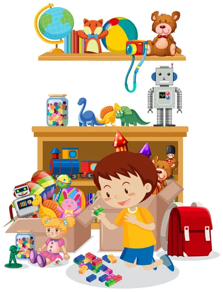 Quarto com menino brincando de brinquedos no chão — Vetor de Stock