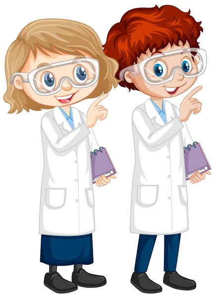 Niño y niña en vestido de ciencia sobre fondo aislado — Vector de stock