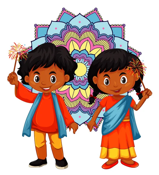 背景为曼陀罗图案的印度男孩和女孩 — 图库矢量图片