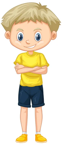Cute boy in yellow shirt standing on white background — Stock Vector