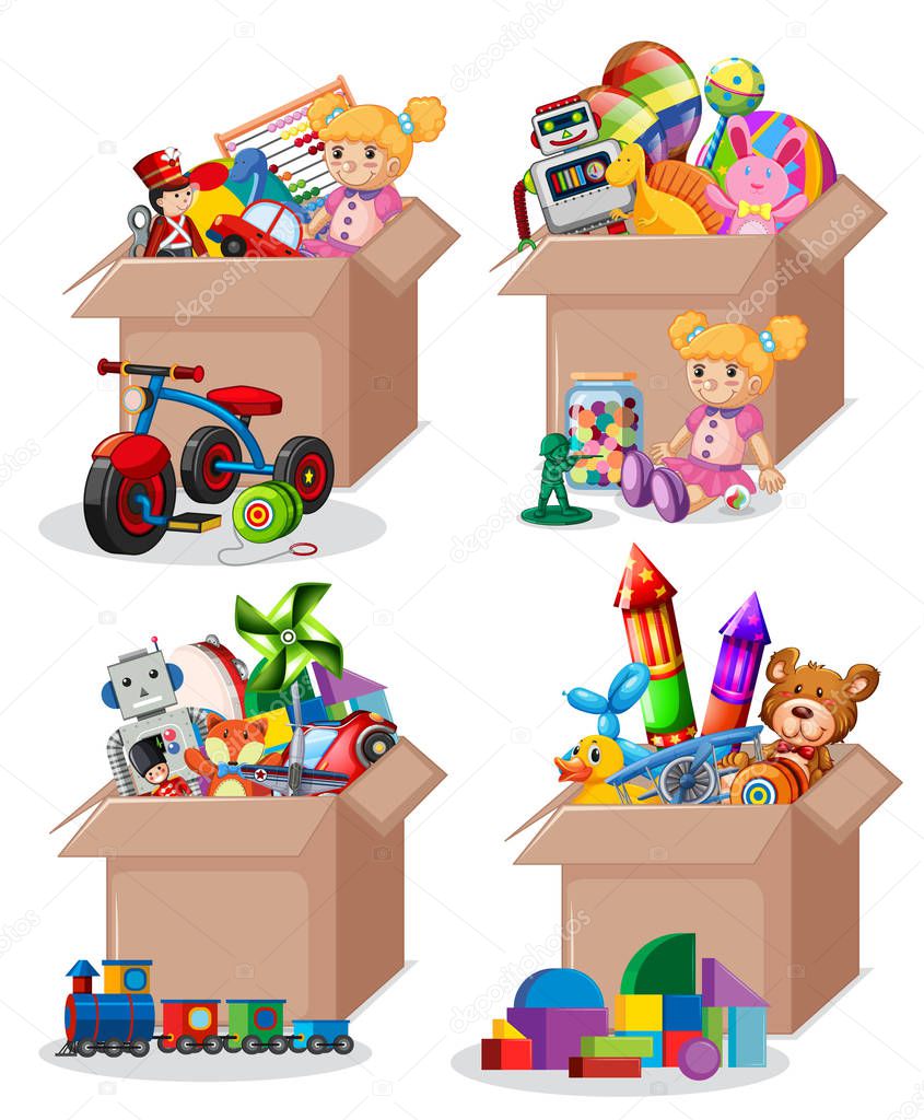 Set of boxes full of toys