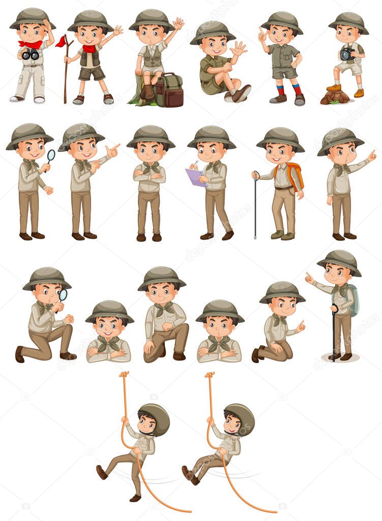 Boy in safari outfit doing different activities on white backgro