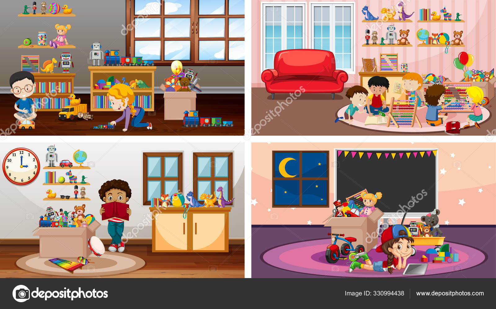 Vier Szenen mit spielenden Kindern in verschiedenen Räumen Stock-Vektorbild  von ©blueringmedia 330994438, image size:1600x999
