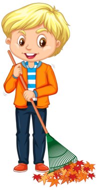 Mutlu çocuk beyaz arka planda yaprakları tırmıklıyor