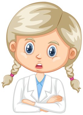 Beyaz arka planda laboratuvar önlüğü giyen kız.