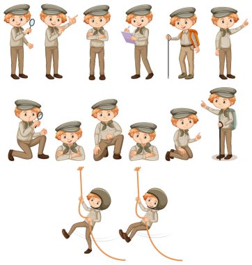 Set of boy in safari costume on white background