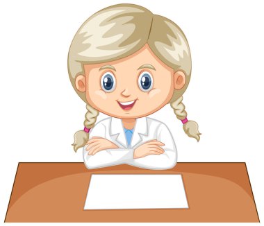 Beyaz arka planda laboratuvar önlüğü giyen kız.