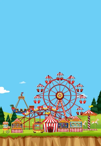 Escena de circo con muchos paseos durante el día — Vector de stock