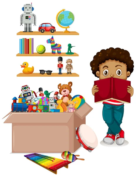 Cena com muitos brinquedos na prateleira e menino leitura livro — Vetor de Stock