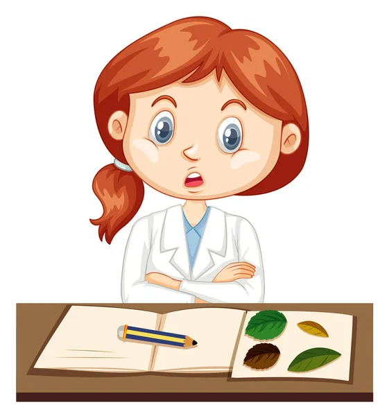 Chica en bata de laboratorio registro de datos del experimento en el cuaderno — Vector de stock