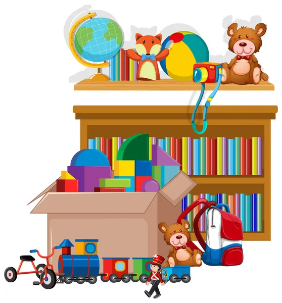 Estante y caja llena de juguetes sobre fondo blanco — Vector de stock