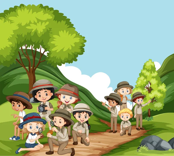 Scène avec de nombreux enfants dans le parc — Image vectorielle