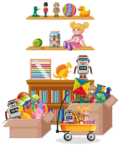 Shelf full of books and toys on white background — Stock Vector