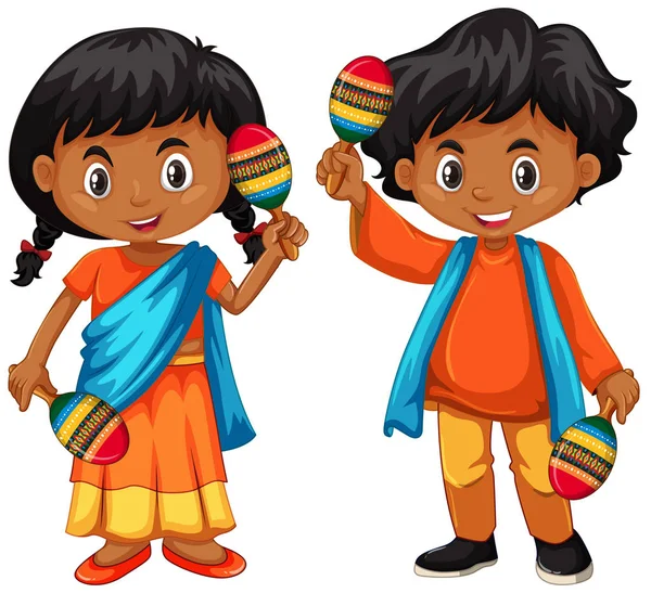 India kid holding maracas on white background — Stock Vector