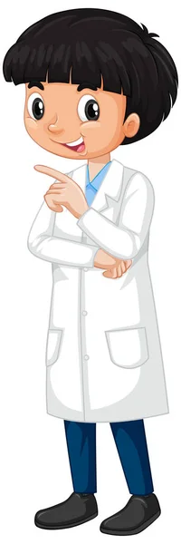 Glad pojke i vetenskap klänning stående på vit bakgrund — Stock vektor