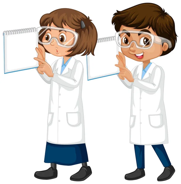 Мальчик и девочка в научном платье стоят на белом фоне — стоковый вектор