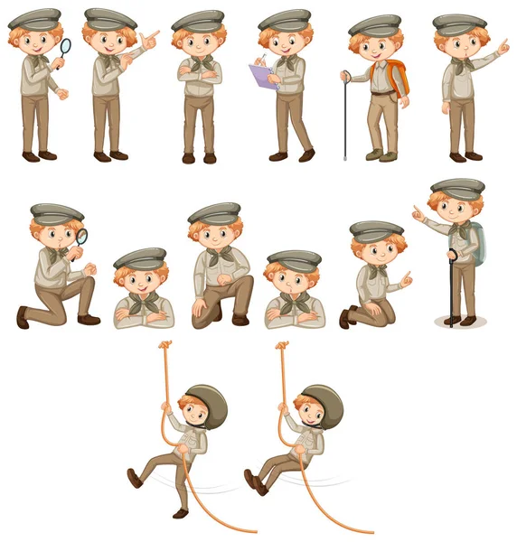 Set of boy in safari costume on white background — 스톡 벡터