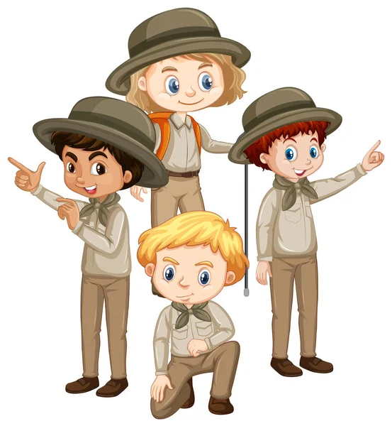Čtyři děti v hnědé uniformě — Stockový vektor