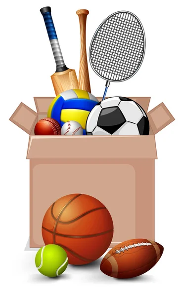 白い背景にスポーツ用品でいっぱいの段ボール箱 — ストックベクタ