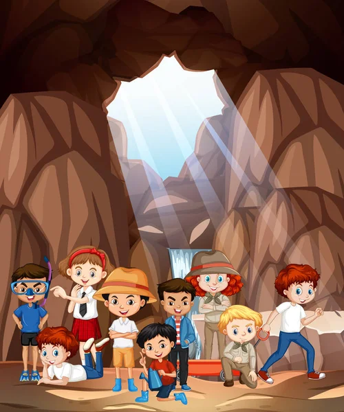 洞窟の中の多くの子供たちとのシーン — ストックベクタ