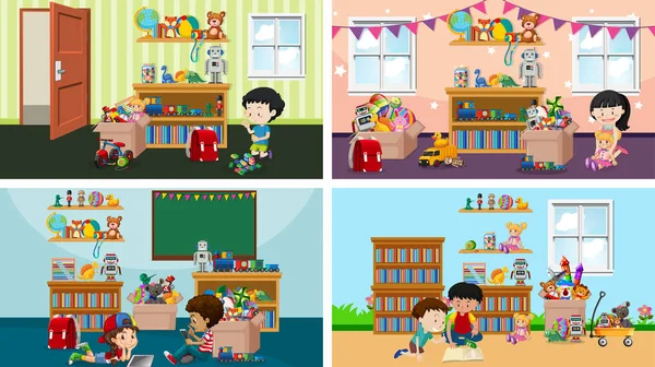 Cuatro escenas con niños jugando en diferentes salas — Vector de stock