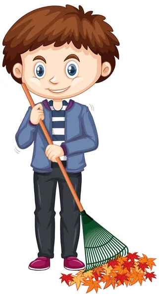 Little boy raking leaves on white background — 스톡 벡터