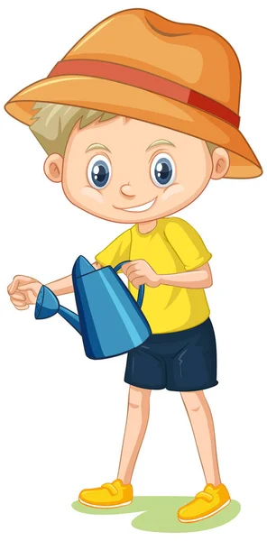 Boy in yellow shirt with watering can on white background — 스톡 벡터