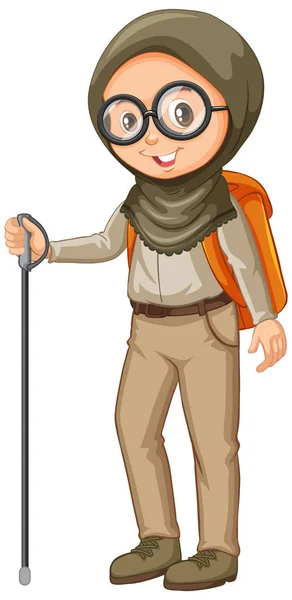 Muslim girl in scout uniform with hiking stick on white backgrou — Stock Vector