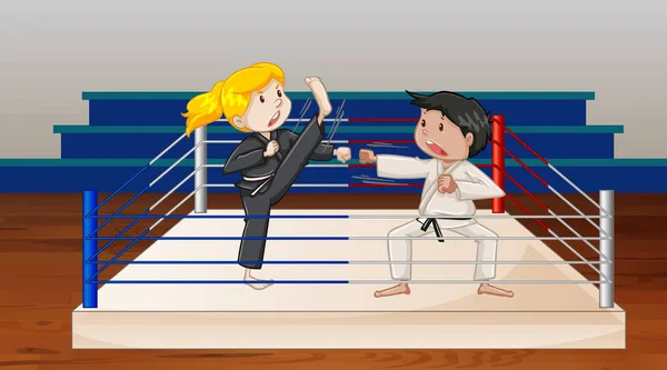 Escena de fondo con atletas haciendo karate — Vector de stock