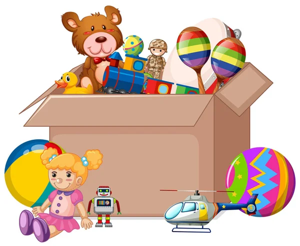 Kartonnen doos vol speelgoed op witte achtergrond — Stockvector