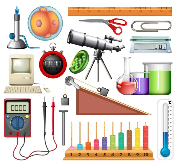 Large set of science equipments on white background — Stock Vector