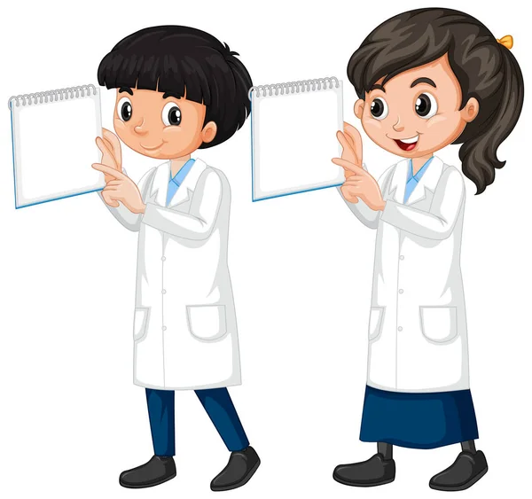 Niño y niña en vestido de ciencia de pie sobre fondo blanco — Vector de stock