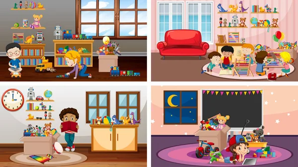 Cuatro escenas con niños jugando en diferentes salas — Archivo Imágenes Vectoriales