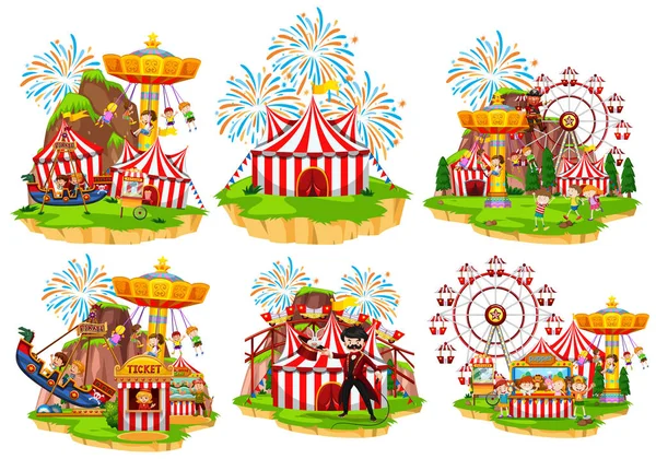 Six scenes of circus with people and rides — 스톡 벡터