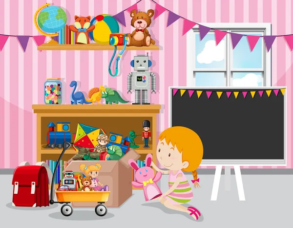 Scéna s dívkou a mnoho hraček v místnosti — Stockový vektor