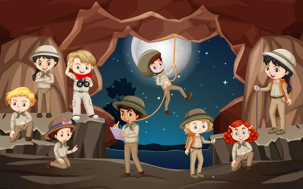 Escena con muchos niños en la cueva — Vector de stock