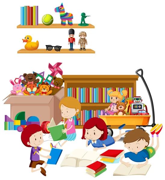 Quarto com muitas crianças lendo livros no chão — Vetor de Stock